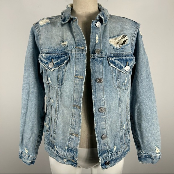 ❤️ Y2K Garage Distressed Light Blue Boyfriend Fit Denim Jacket Size S - Picture 1 of 10